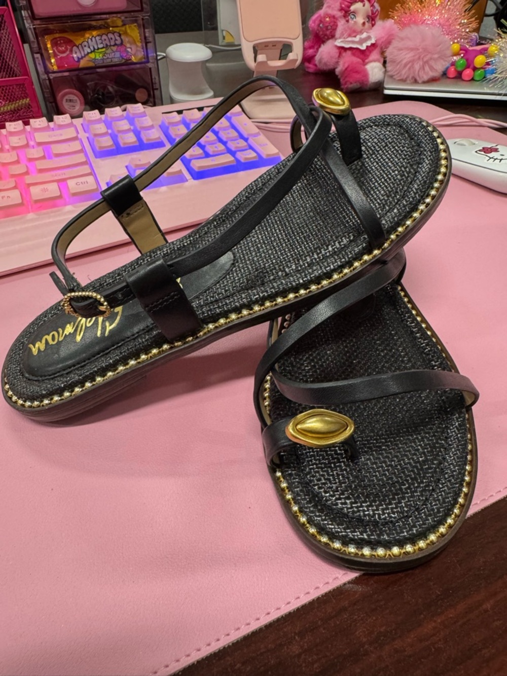 Sam Edelman Tenly, Women's Black Strappy Sandals with Gold Accent